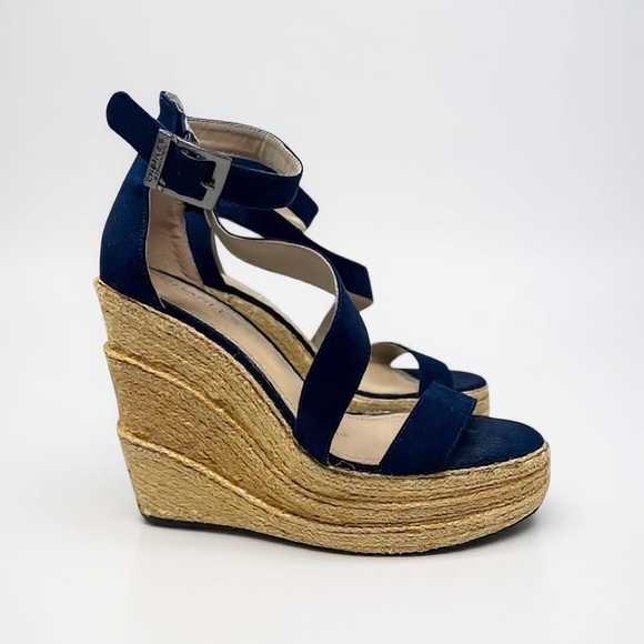 Charles David Microfiber Suede Jute Tall Wedge Open Toe Beachy Sandals Shoes - Picture 1 of 14